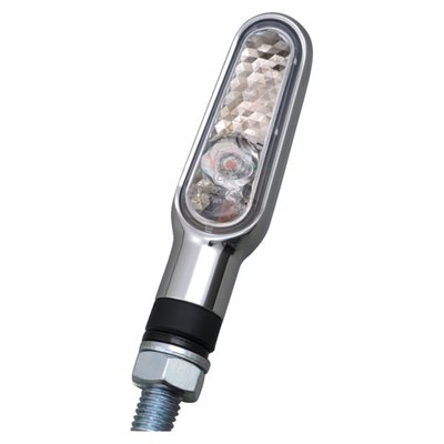- Chrome housing
- Clear lens
- Miniature LED turn signals, with ECE approved lens
- M8 thread
- Dimensions approx. 72mm long x 20mm wide x 16mm deep