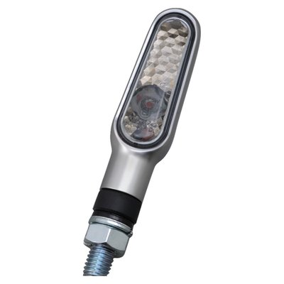 - Silver body
- Smoke lens
- Miniature LED turn signals, with ECE approved lens
- M8 thread
- Dimensions approx. 72mm long x 20mm wide x 16mm deep