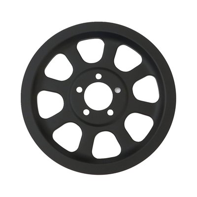 Matte black. Fully covers the OEM rear wheel pulley on the outside. Gives the pulley that black-out appearance. Matches the style of most Softail pulleys.