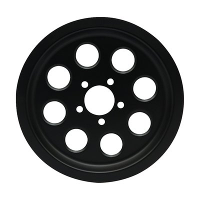 Matte black. Fully covers the OEM rear wheel pulley on the outside. Gives the pulley that black-out appearance.