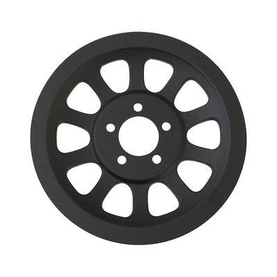 Matte black. Fully covers the OEM rear wheel pulley on the outside. Gives the pulley that black-out appearance.