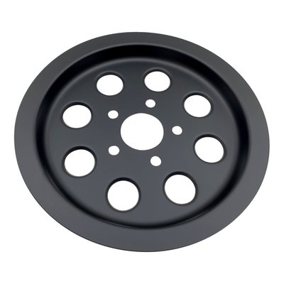 Matte black. Fully covers the OEM rear wheel pulley on the outside. Gives the pulley that black-out appearance.