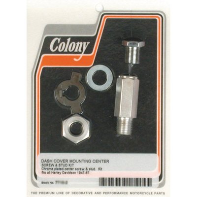 Exact reproduction kit. Fits applications without dash mounted choke knob, 2 and 3 light dash covers and 47-67 FL as an OEM replacement part.
Replaces 71075-47 center screw, 6466 center screw washer, 71067-47 mounting base stud, 71069-47 lockwasher and 7848 locknut. 
Note: See 989904 for Colony center screw only.