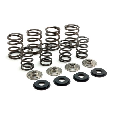 Includes titanium top collars, steel lower collars and valve springs. No machining required for installation. Titanium top collars are considerably lighter than their steel counterparts and will therefore allow higher engine revs. Can be used for stock replacement and up to .495" lift. Pressure: 160lbs@1.480". 315lbs@.985". Coil bind: .880". 

Note: Valve keys are not included.