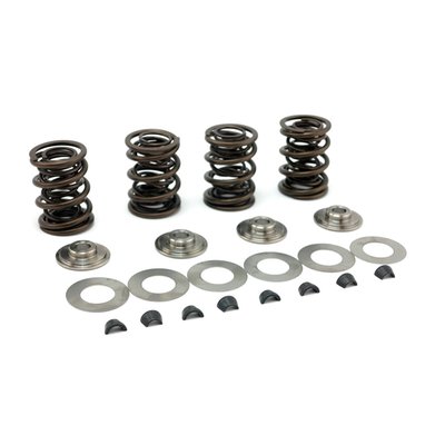 Includes titanium top collars, steel lower collars, valve springs and a valve key set. Machining required to lower the valve guide to avoid interference with the top collar. Special 3-spring design with interference fit to reduce harmonics and control spring surge. Springs have more pressure than stock. Pressure: 180lbs - 1.600" / 365lbs -1.100" / 415lbs - .950". Coil bind: .850"