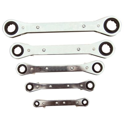 5-piece ratcheting box end wrench set. Latch-on design.
On regular accessible bolts a nut can be tightened or loosened up to 5 times faster than with a conventional wrench. This 'latch-on' design features a non-slip retaining ring. This ring prevents the nut/bolt to pass through the tool.
Incl. 1/4" X 5/16", 3/8" X 7/16", 1/2" X 9/16", 5/8" X 3/4" and 11/16" X 7/8".