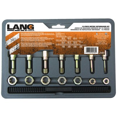 Used to restore damaged internal and external threads. Special threaded restoring taps and dies ensure a good result and are safer in restoring threads than using regular thread cutting taps and dies. Regular cutters are sharper and can easily damage existing thread. USA made. 
Note: Not suitable for cutting new threads. 

15-piece Metric restore kit. 
Contains taps & dies in sizes: M6x1, M8x1.25, M10x1.25, M10x1.50, M12x1.25, M12x1.50 and M12x1.75 
& 1x Metric restorer file (8 sizes).