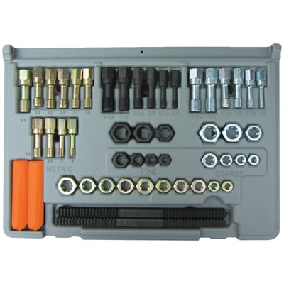 Used to restore damaged internal and external threads. Special threaded restoring taps and dies ensure a good result and are safer in restoring threads than using regular thread cutting taps and dies. Regular cutters are sharper and can easily damage existing thread. USA made. 
Note: Not suitable for cutting new threads. 
48-piece US sizes & Metric sizes restore kit. 
Contains: 
UNC & UNF dies in sizes: 1/4, 5/16, 3/8, 7/16, 1/2, 9/16, 5/8. 
UNC & UNF taps in sizes: 1/4, 5/16, 3/8, 7/16, 1/2, 9/16. 
Metric taps & dies in sizes: M6x1, M8x1.25, M10x1, M10x1.25, M10x1.50, M11x1.50, M12x1.25, M12x1.50, M12x1.75 and M14x1.50. 
1x Metric & 1x SEA thread restore file (8 sizes).