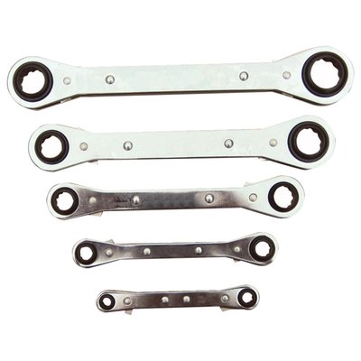 5-piece ratcheting box end wrench set.
On regular accessible bolts a nut can be tightened or loosened up to 5 times faster than with a conventional wrench.
Incl. 1/4" X 5/16", 3/8" X 7/16", 1/2" X 9/16", 5/8" X 3/4" and 11/16" X 7/8"