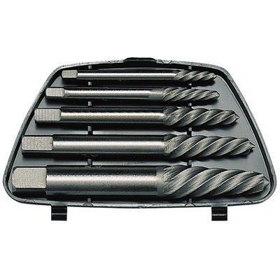 5-piece set. Used to extract broken bolts, screws or studs from M6 to M20. With left-hand loosening spiral. For drill sizes 7/64" (2.78mm), 9/64" (3.57mm), 5/32" (3.97mm), 1/4" (6.35mm) and 19/64" (7.54mm). Supplied in plastic case. Dimensions: 35mm x 80mm x 160mm.