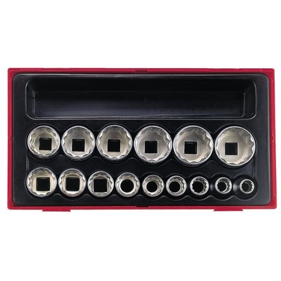 US sizes. 1/2" drive. Set of 12-point sockets complete with tray. Includes 3/8, 7/16, 1/2, 9/16, 5/8, 11/16, 3/4, 13/16, 7/8, 15/16, 1", 1-1/16, 1-1/8, 1-3/16 and 1-1/4 inch sockets.