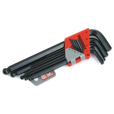 Metric sizes; Includes 1.5, 2, 2.5, 3, 4, 5, 6, 8 and 10mm. With a regular hex and special ball-end side on the hex key, which let you work under an angle of up to 30°. Complete with holder.