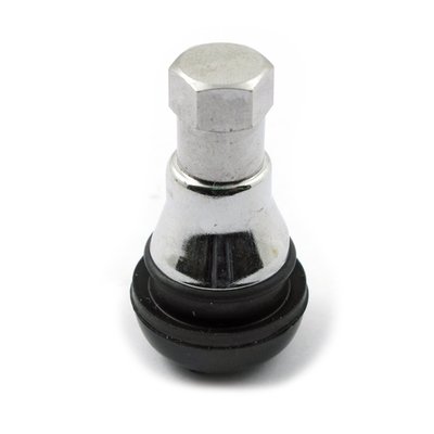Short. Straight rubber valve stem for .625" (15.9mm) large holes. With chrome cover.