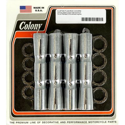 Chrome plated steel, custom ribbed, lower pushrod covers. Fits models with cork seals. Includes seals. Custom replacement for OEM 17938-48B.