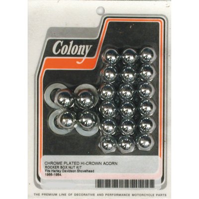Chrome plated. Includes 18 custom acorn nuts, washers and 4 rocker shaft side nut (left side) to take the place of the OEM side nuts with red plastic insert.