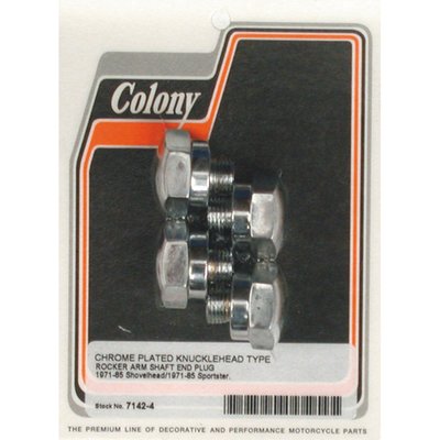 Chrome plated. Knucklehead styled plugs. Complete set to fit the rocker box on the right side. Custom replacement for 17448-71A.