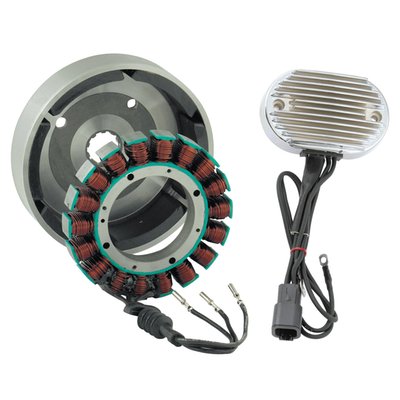 38 Amp. kit. High quality components to replace stock parts. Rotor, stator & regulator/rectifier kit comes as a complete kit with Accel's Heavy Duty rotor, alternator stator and chrome plated regulator. Extra wide splines. Compatible with stock components. Nothing else needed to solve your charging issues.