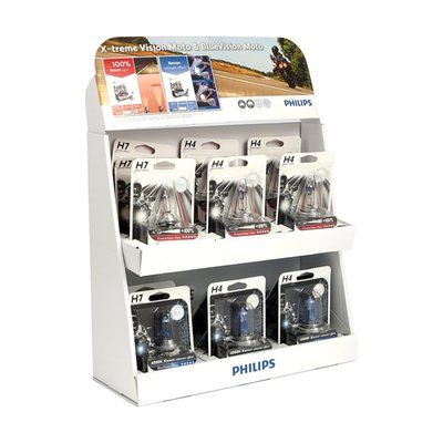 Great small counter display. Comes with a series of headlamp bulbs, with improved vibration resistancy, especially designed by Philips for motorcycle use. 
Display includes:
3x H7 X-Treme Vision Moto
3x H7 Blue Vision Moto
4x H4 X-Treme Vision Moto
4x H4 Blue Vision Moto
Dimensions: 33.5 x 13.9 x 34.5cm