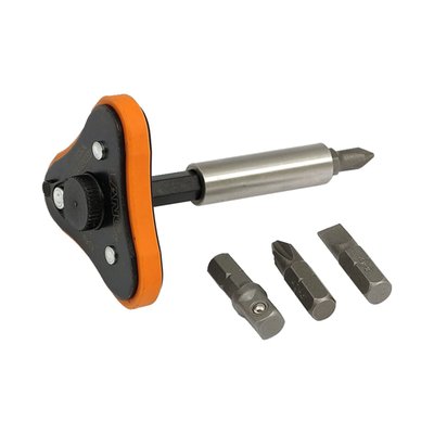 Finger drive. Incl. bit extension. 6-piece set. Mini reversible ratcheting wrench for one hand use. With very small (11cm overall length) dimensions. Accepts all regular 1/4" bits. Tool includes slotted (screwdriver) and Phillips bits.