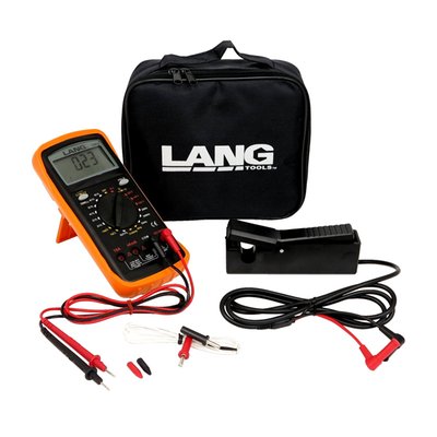 Automotive orientated with ACV/DCV, ACA/DCA, resistance, diode, frequency, continuity, temperature. RPM measurement, dwell reading, duty cycle. Includes inductive pickup/carrying case, thermocouple probe and test leads. Dimensions 9.375" x 8.063" x 3.875" (23.8cm x 20.5cm x 9.8cm).