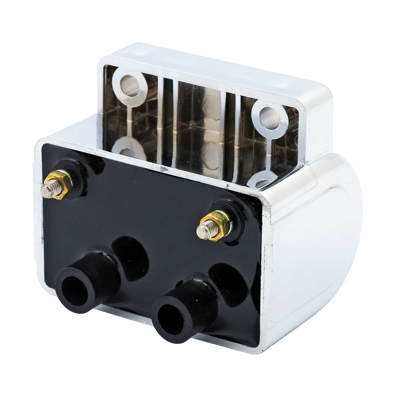 Late OEM style ignition coil. 12v, 5 ohm, Silver, Chrome