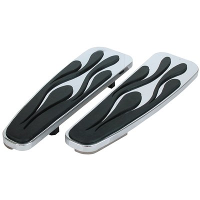 Chrome plated steel with black rubber inserts. Designer floorboards with the Flame theme. Fits as a direct replacement for the stock floorboards. 