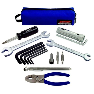 Roadside tool kit with small outside dimensions that is easy to carry on-bike. Packed in polyester reinforced zip-up pouch pack measuring just 5cm x 5cm x 18cm.
Includes 9/16 x 5/8 and 1/2 x 9/16 wrenches, tire pressure gauge, 140mm pliers, 5-1 screwdriver set, 5/8 x 3/8 spark plug socket with lever. 10mm nut driver, T20, T25, T27 and T30 torx bits and 1/8, 5/32, 3/16, 1/4 and 5/16 hex wrenches.
