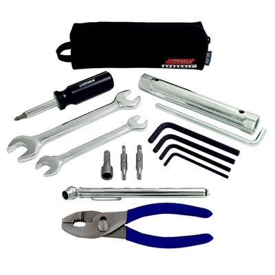 Roadside tool kit with small outside dimensions that is easy to carry on-bike. Packed in polyester reinforced zip-up pouch pack measuring just 5cm x 5cm x 18cm.
Includes 14mm x 17mm, 10mm x 12mm wrenches, tire pressure gauge, 140mm pliers, 5-1 screwdriver set, 16mm & 18mm spark plug socket with lever. 3/8, 7/16 and 10mm nut drivers, T20, T25, T27 and T30 torx bits and 3mm, 4mm, 5mm and 6mm hex wrenches.
