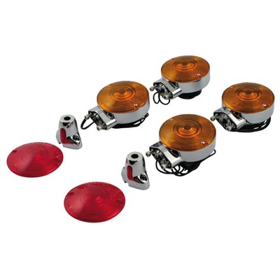 - Kit includes 4 turn signals 
- Includes 2 x dual filament bulbs & 2x single filament bulbs 
- Equipped with amber screw-type lenses 
- Each kit comes with two extra red lenses 
Complete pre-wired replacement late style turn signals with amber lenses, as used on 86-up models with large flat lens turn signals with screw-type lenses. 
Turn signals for front and rear applications are identical, difference is in wiring for single/dual filament.