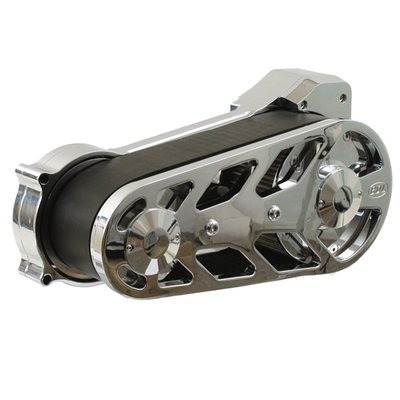 The Monster Drive! With outboard bearing for additional clutch support. This is an all billet complete 3-3/8" (85mm) wide primary belt drive kit, including clutch. It uses the same 85mm wide belt with 14mm pitched tooth as used on 600+ horsepower top fuel Harley dragsters. The clutch consists of 9 6-3/8" diameter Aramid friction plates and 11 steels. Uses up to 9 clutch springs to adjust spring pressure to accommodate any size monster motor on the market. Come with an oil filter mount in the motor plate. 46-30 tooth drive ratio. 

Note: The outboard support plate of this kit is inside-outside reversible. The backside is channeled for a different look when desired, but only the front side is polished. 46-30 tooth drive ratio. 
Note: See 518686 for the replacement 85mm wide (3-3/8"), 85 tooth, 14mm pitch belt.