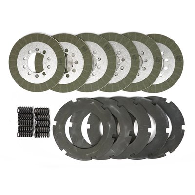 This extra plate set provides an additional 20% friction surface area, for less heat & increased grip in high performance applications. 
Comes as a set of 6 friction plates, made with Aramid friction material which is bonded to a 6061-T6 aluminum backing plate and 5 tempered steel drive plates. Steels come without stock style anti-rattle buffers that could fail. 
Complete with 10 Zero-Crush clutch springs. 
Can be run wet or dry. 
Upgrade replacement for 37850-68, 37930-68A (friction) and 37975-41 (2487-41) and 37975-81 (steel drive plates)