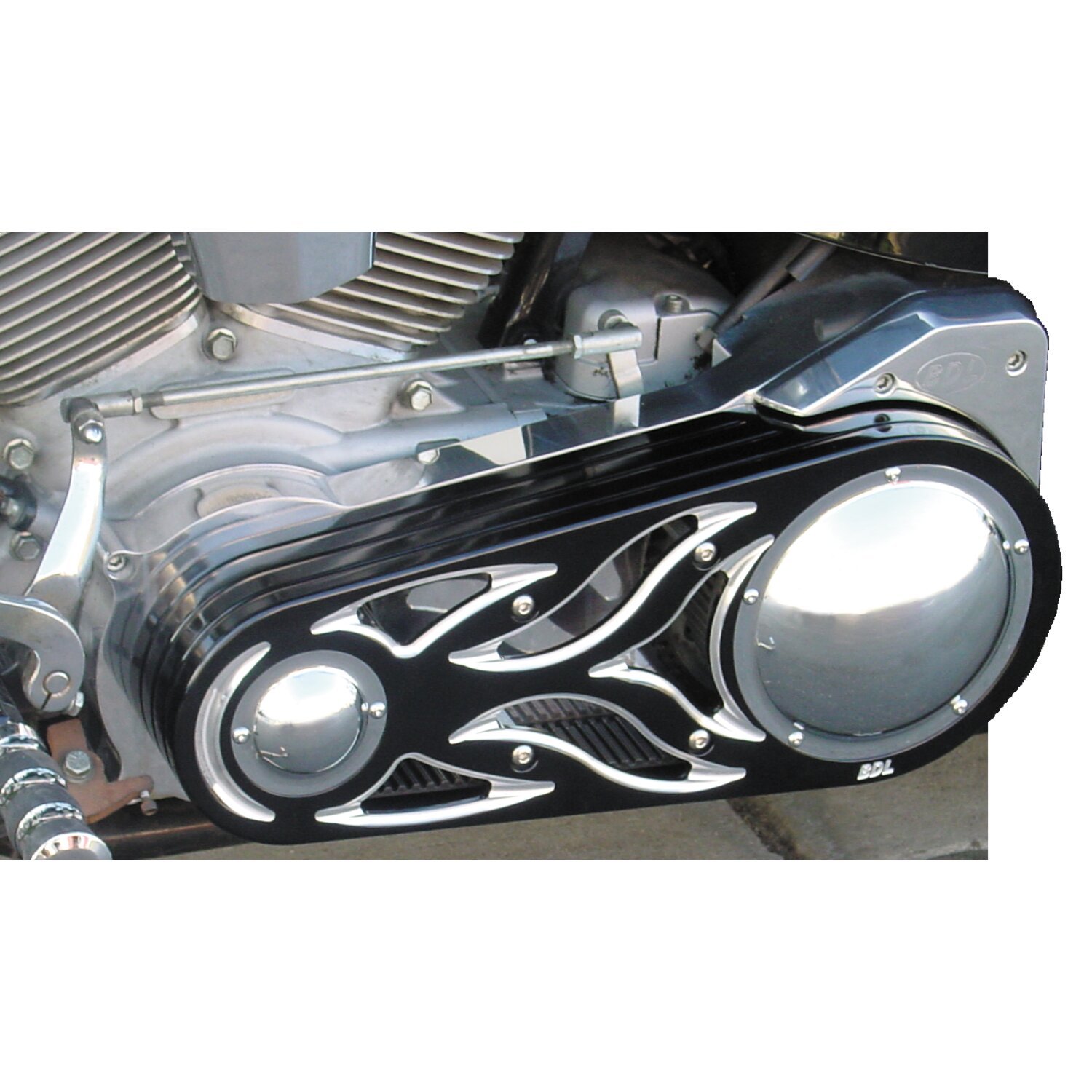 BDL, Signature Series 2" belt drive kit. Flame design, Black, Polished