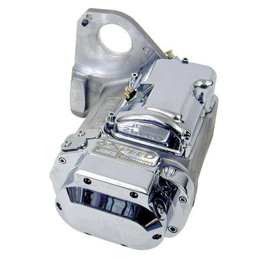 Plain aluminum case finish. 
JIMS 6-speed overdrive Softail transmission comes with a JIMS case and JIMS gears. Gear ratio's are same as stock transmission, apart from 1st. and 6th. First gear is a longer close ratio 2.94:1 (stock is 3.21:1) and 6th. is 0.86:1 overdrive (stock is 1:1). The overdrive reduces RPM by almost 500 RPM's compared to stock when shifting to into 6th gear. This will make higher highway cruising speeds possible with reduced engine wear, vibrations and fuel consumption. All JIMS 6-speed clean-cut gears are standard width (unlike some manufacturers that use narrower gears) for maximum strength. Completely made on CNC machine centers from forged 8620 steel and heat treated to the highest gear manufacturers specifications for uncompromised quality. All gears are dimensionally and surface finish checked for to insure quiet and smooth shifting action. Fits Softail and many custom applications.
Note: Can be used in any 5-speed Softail, FXR when used with late style starter motor, primary, clutch etc.