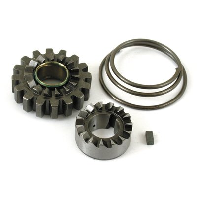 With 16T starter gear and clutch gear. With installed bushing in starter gear. 
Complete with 33430-50 starter gear (with 33438-50 bushing installed), 33381-39 starter clutch gear, 33391-36 starter clutch spring and 33393-50 woodruff key. 