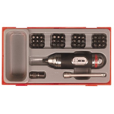 39-piece kit. Screwdriver with a 1-5 Nm built-in Torque wrench. Comes with 1/4" drive and 1/4" extension of 10cm. Complete with 1/4" PH, PZ, Rob and Hex bits sets and tooltray. Dimensions: 265mm x 142mm x 50mm.