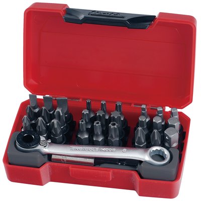 29-piece. With 1/4" drive. Includes ratcheting bits driver, tool tray and 26 bits for Slot head, Phillips, Pozidrive, Robertson drive and hex.