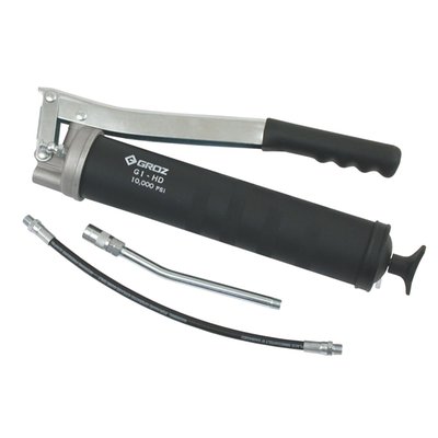 Regular dual hande grip. Up to 10000 psi. (689 bar). Heavy duty grease gun with deep knurling for a non-slip grip. The slip joint allows up to 5.5mm fittings.