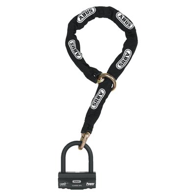 Security level 19. Combination of the Granit 58 padlock with 16mm shackle and the 12mm 12KS120 black loop chain. The padlock shackle dimensions are: 100mm Inside length of shackle x 83mm inside width of shackle x 16mm shackle thickness.