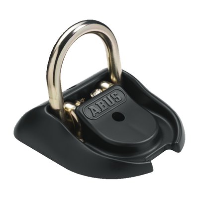 16mm thick shackle. Security level 20. Very robust. Mounts on floor or wall, inside or outside. Weatherproof design. Flat shape enables driving over it without problems. Includes mounting hardware. Weight 2kg. Dimensions: 160mm x 165mm.