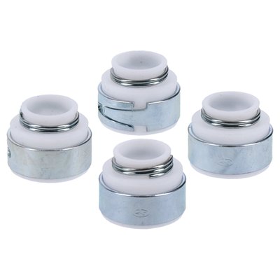 Manufactured with PTFE lining. Kibblewhite Precision Machining valve guide seals are compatible with OEM style valve guides. No machining required.
Installation note:
Valve guides made of PTFE require another fitment technique than 'regular' or non-PTFE valve guides, this is due to the PTFE material. They are typically 0.020” (0.50mm) smaller than the valve stem and guide top they’re designed to fit.
- The guide top should have a decent chamfer
- The valve stem should have a decent chamfer, but a mylar seal installation protector / installation capsule (501823 green 5/16" / 0.3125", 501824 Yellow 11/32" / 0.34375", 501825 3/8" / 0.375") is advised for easier installation over the valve stem
- You have to kind of roll the seal around the valve tip while exerting downward pressure to get it started
- Don't push directly on the very top of the seal to get it on to the guide, you’ll collapse the sealing area and tear the seal
- A 12 point 12mm socket catches the shoulder of the guide pretty well and can be used to push the seal on to the guide until it just bottoms out.
The choker wire around sealing area and the band around the area that fits the guide, combined with the hardness of the material itself makes the seal a tight fit and little harder to install than regular Viton seals. PTFE material does not have 'memory' and therefore is subject to creep. This creep allows the seal to conform to mating surfaces. Because of the ‘creep’ characteristic, the seal relaxes a bit after installation, and doesn’t drag on the valve stem as hard as it does during installation. The twin-spring design provides continuous tension on the valve guide and the valve stem of the valve during it's lifetime.