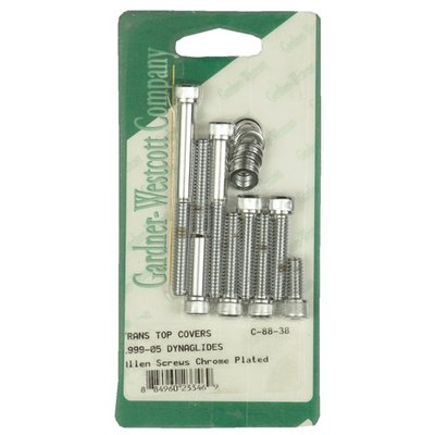 With chrome plated Allen heads (socket head cap) bolts.
Installs the top cover to the transmission housing.