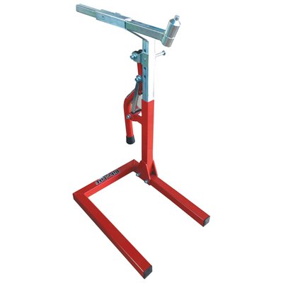 Red powder coated steel. This 'triple tree' stand is used to lift the front side of the motorcycle by using the hole underneath the fork stem. Includes a universal cone pin, which is compatible with most models. Also included is a special adapter plate to fit Ducati and MV Augusta. Width: 37.5cm. Height: 65cm to 80cm. Length: 50cm. Weight: 11.7kg. 
Note: Use front stands only when the bike is placed on a rear stand first. 
Note: Do not sit on motorcycles when using bike stands. 
Note: See 529170 for optional lifting pin for KTM.