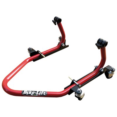 Steel. Width: 64cm. Height: 32.5cm. Length: 73cm. Weight: 8.2kg. This is in fact a rear paddock stand with 4 castor wheels (360 degree rotating wheels) enabling easy maneuvering the bike in very tight spaces as showroom floors or small sheds. Includes aluminum V-shaped adapters. 
Note: Do not sit on motorcycle when using this Easy Mover or other bike stands.