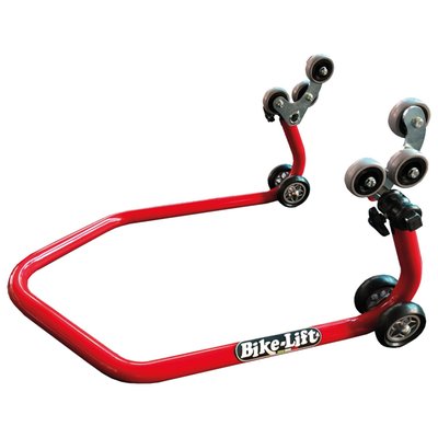 Red powder coated steel. Includes adapters. Used to lift quads on the rear axle. Width: 50cm. Height: 36cm. Length: 65cm. Weight: 4.2kg
Note: Do not sit on motorcycles when using bike stands.