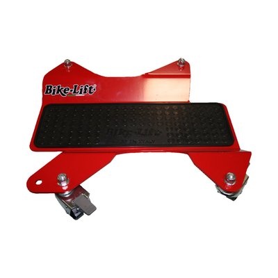 Red powder coated steel. Width: 46.8cm. Height: 5.9cm. Length: 51cm. Weight: 8.0kg. Max. load: 400kg. Comes with 4 nylon castor wheels (360 degree rotating wheels) enabling easy maneuvering the bike around in very tight spaces as showroom floors or small sheds. Two of these wheels come with a foot-operated brake system for easy on-off bike actions without platform movement. With the optional available Side Extension (MCS 529228) it is possible to maneuver the bike while its parked on the jiffy / side stand so balancing the bike is no longer required.
Note: See 529228 for the optional jiffy stand side extension.
Note: Do not sit on motorcycles when using the Parking Platform.