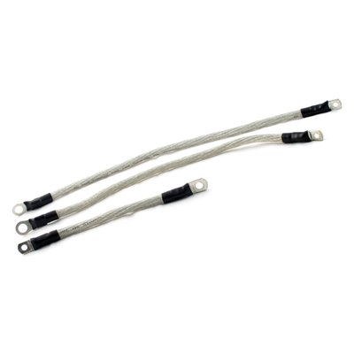 Contains 3 battery cables: 2x 8" long & 1x 15" long.
Model specific 4 gauge (5.19mm diameter / 19mm²) battery cables equipped with 1/4" and 5/16" terminals. Manufactured with 36 gauge (0.005"/ 0.13mm diameter) copper wire strands. The 7 over 7 bundling of these copper strands guarantee both excellent current flow and flexibility of the cable. The outer jacket is rated up to 125°C and oil & gas resistant.