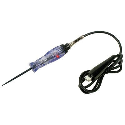 Up to 12V. Heavy-Duty version. 2-1 tester, apart from regular testing it can be used, by pressing the red button, as a power outlet / jumper for powering or grounding electrical components. Fully insulated and comes with reinforced ground clamps.
Note: Not intended for computer circuits.
Note: See 530739 for replacement bulb.