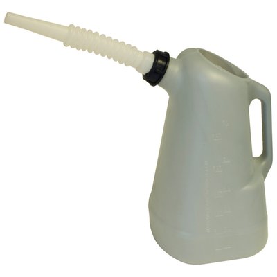 Translucent (see-through) oil dispenser. With detachable and flexible 8" (20cm) spout / funnel. Capacity 6 quarts (5.6 liter); Marked with quarts & liters, enabling an easy re-fill of the right amount of oil. 
Note: Replacement spouts available as 530717 (white) and 530718 (red)