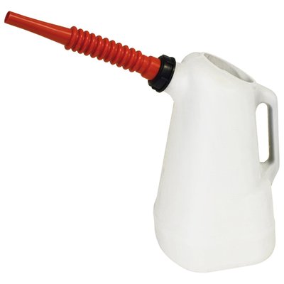 Translucent (see-through) oil dispenser; With detachable and flexible 8" (20cm) spout / funnel; Capacity 6 quarts (5.6 liter); Marked with quarts & liters,  enabling an easy re-fill of the right amount of oil. 
Note: Replacement spouts available as 530717 (white) and 530718 (red)