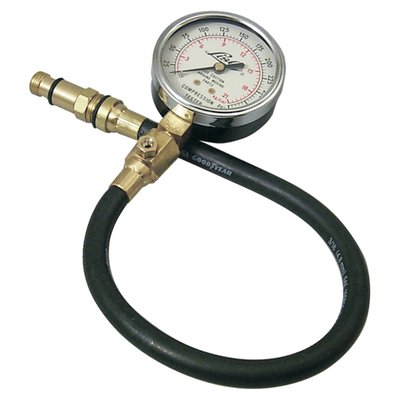 Used to check piston ring condition etc. of gasoline engines. Gauge reads 0-300 PSI and 0-2100 kpa. Fits with large 18mm thread sizes as used on H-D Flatheads, includes a 14mm thread adapter for most others.